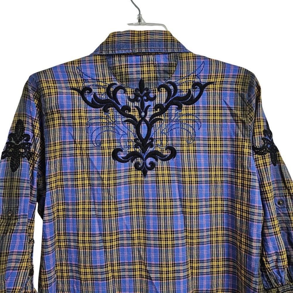 Roar Button Up Womens XL Purple Plaid Passion to Roar Embroidered Western Shirt